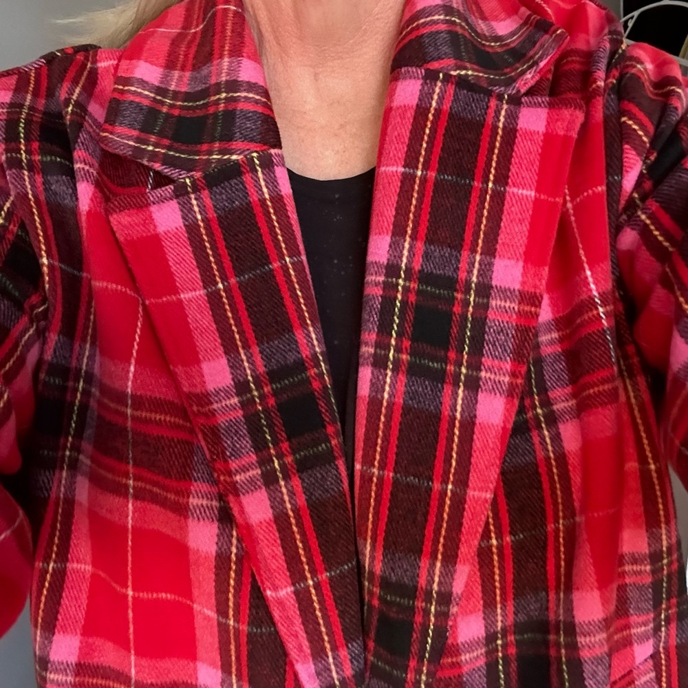 Red and Pink Plaid Poly-wool coat. Size XL. Never worn.